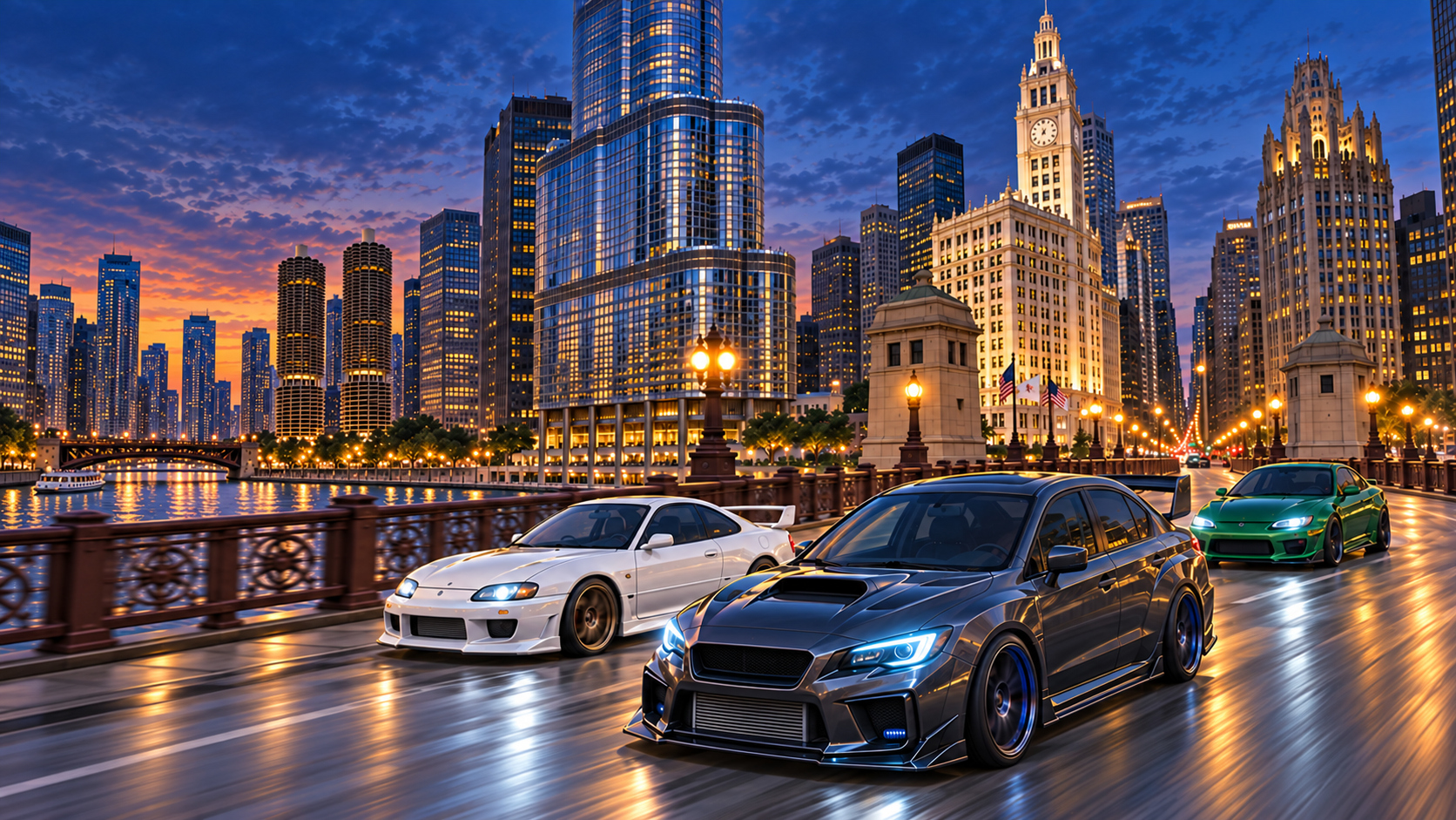 Modified street cars racing across a city bridge at dusk